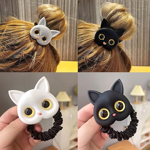 Women Cute Cat Rubber Bands Elastic Hair Bands Headwear For Girls Thick Thin Hair Lovely Hair Ties Accessories Ornaments（White/Black） #TOP4