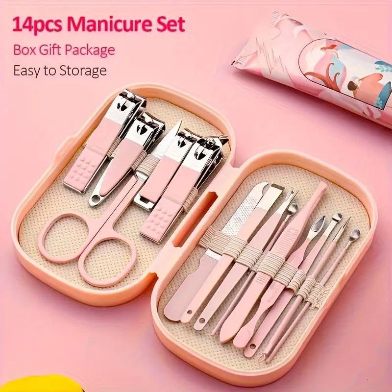 ABTER Stainless Steel Personal Care Set, 14pcs Nail Clipper Set, Manicure Pliers Ear Spoon Needle, Beauty and Nail Tools Set, Portable Beauty Tool Set, Travel Nail Kit for Men and Women (PINK) 2