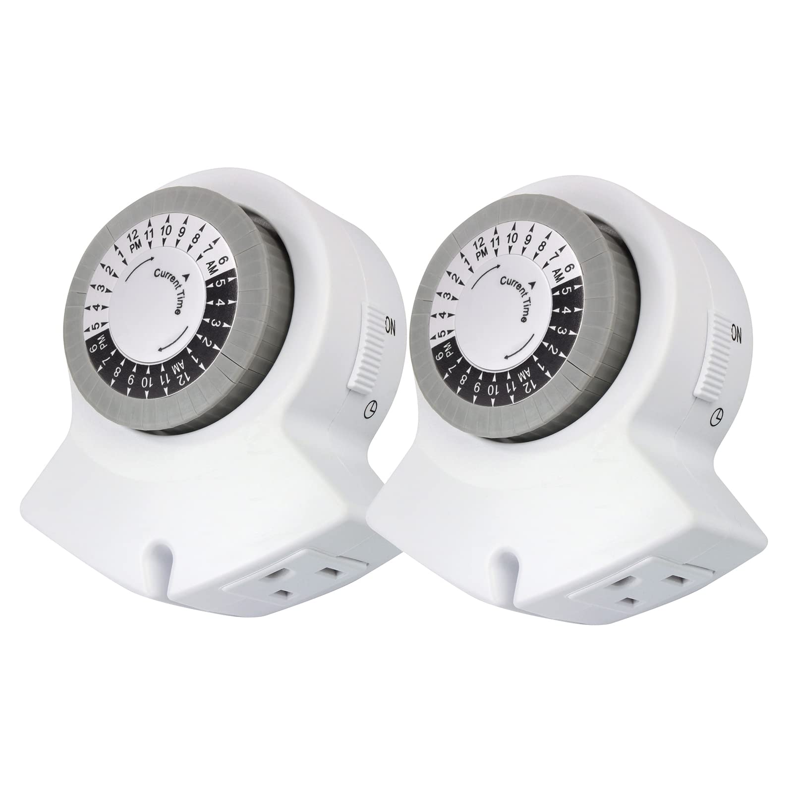 Clear PowerIndoor Timer (Dual Pack) 2 Grounded Outlet 24 Hour Mechanical Timer for Lamps, Holiday Decor, Grow Lights, Aquarium, White, DCIT-00032P-DC