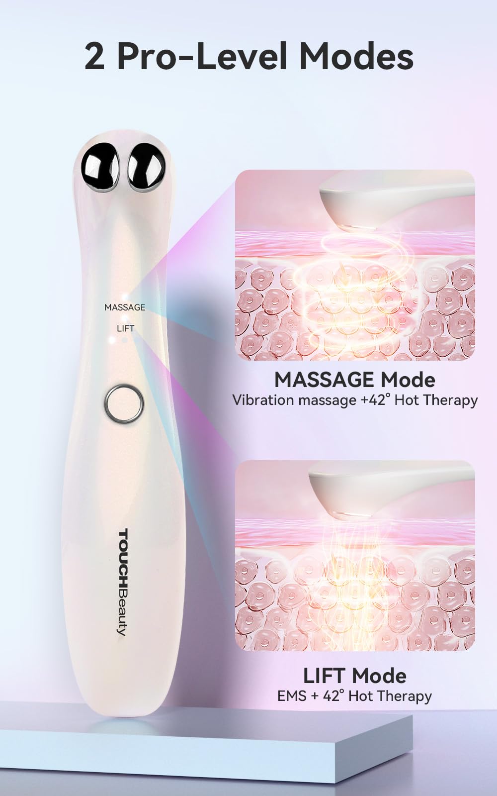 TOUCHBeauty Masajeador de Ojos EMS,Antiarrugas Eye Masaje con Calefacción y Vibración,Anti Envejecimiento Masajeador Recargable para Bolsas Lagrimas, Círculos Oscuros, Hinchazón AG-1883 (Blanco)