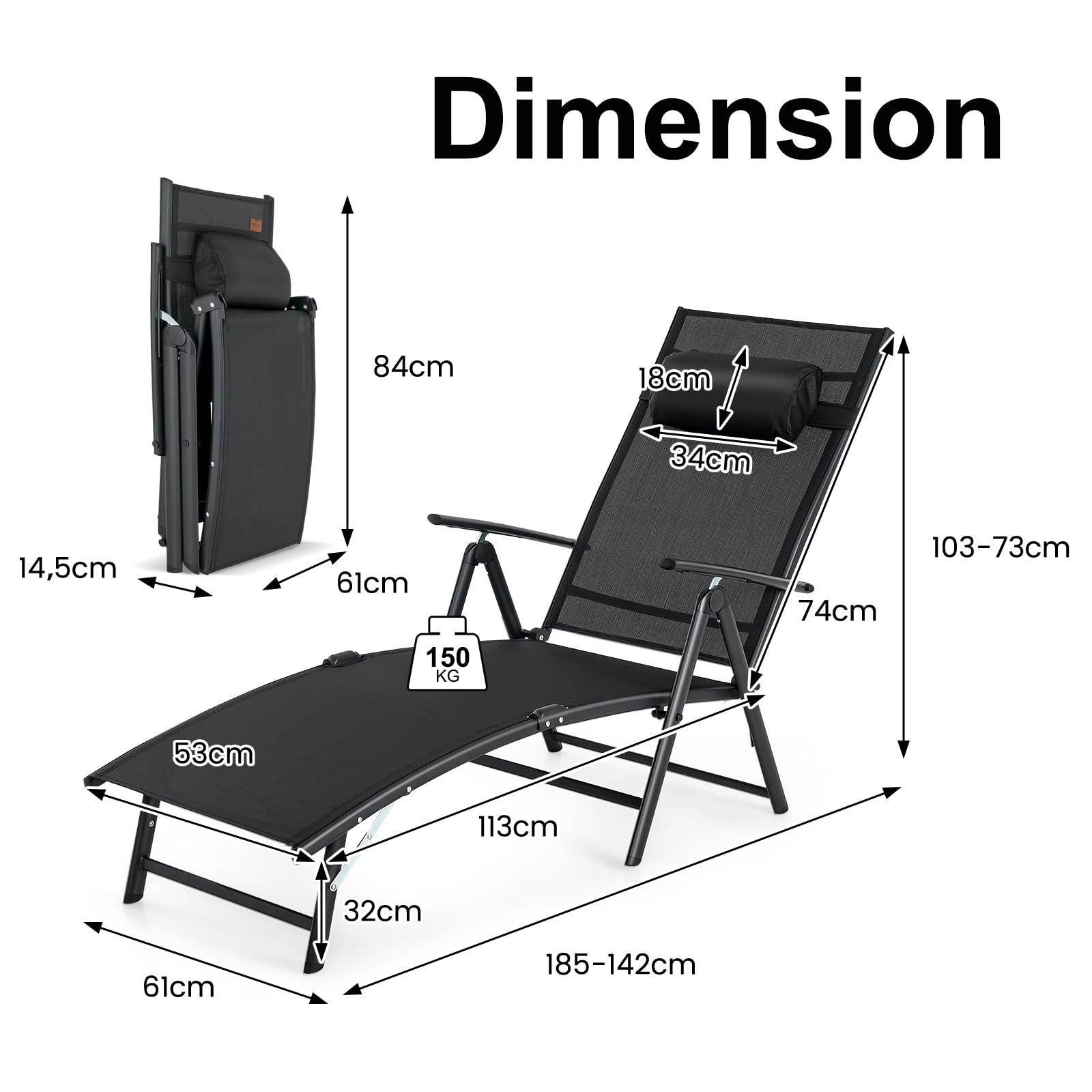 KOMFOTTEU Sedia a sdraio con poggiatesta, lettino pieghevole con schienale regolabile in 7 posizioni, carico 150 kg, sedia da esterno ergonomica con braccioli, 142 x 61 x 103 cm (nero)