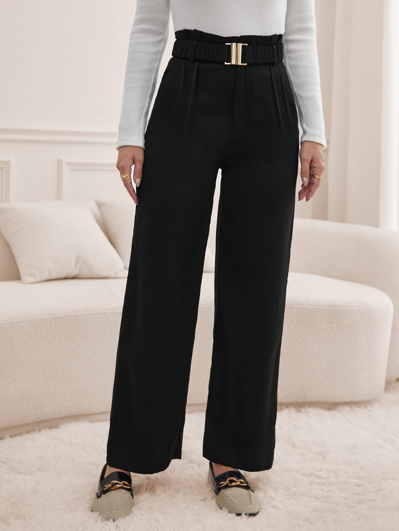 ANACRO Pants for Women - Paperbag Waist Belted Straight Leg Pants Color Black Size Medium