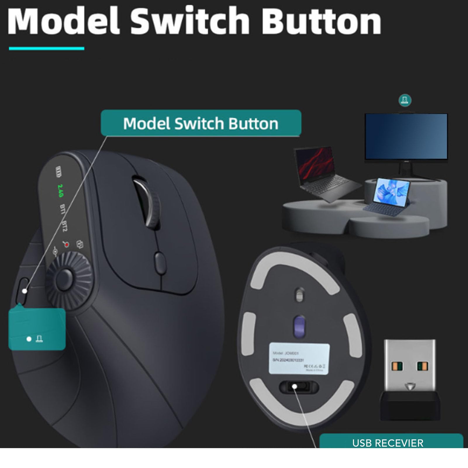 PUSOKEI Ergonomische Vertikale 2,4-G-Maus, Kabellose Wiederaufladbare Bluetooth-Maus mit Scrollrad und LED-Anzeige, 4 Einstellbare DPI, Leise Klicks für Laptop-Desktop-Computer