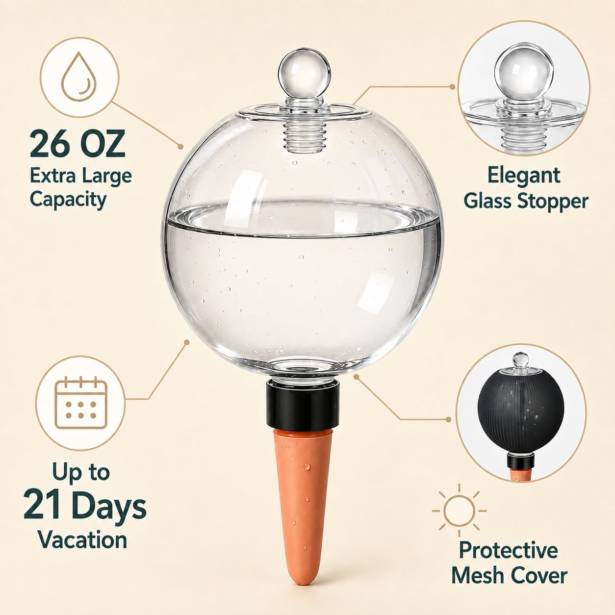Lot de 2 grands globes d'arrosage automatique en plastique pour plantes 737 g | Jusqu'à 21 jours d'arrosage pour de longues vacances, bouchon en verre anti-obstruction pour éviter la saleté