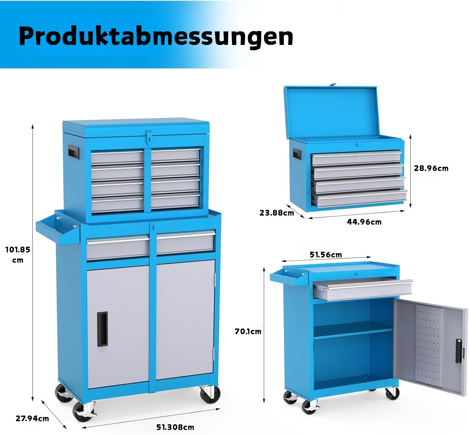 LEADZM Werkstattwagen leer, Werkzeugwagen leer, Werkzeugschrank mit Schloss, Koffer & 5 Fächer & verstellbarem Regal, Kugelgelagerte Schubladen, Metall, 52x28x102cm（Blau）