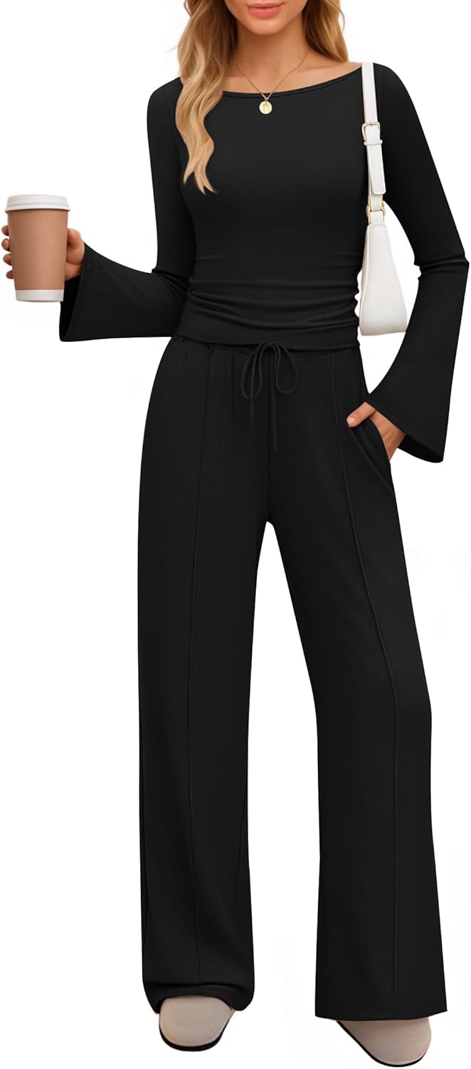 ZESICA Women's 2 Piece Lounge Sets Fall 2026 Casual Long Sleeve Boat Neck Ribbed Tops Wide Leg Pants Outfits with Pocket