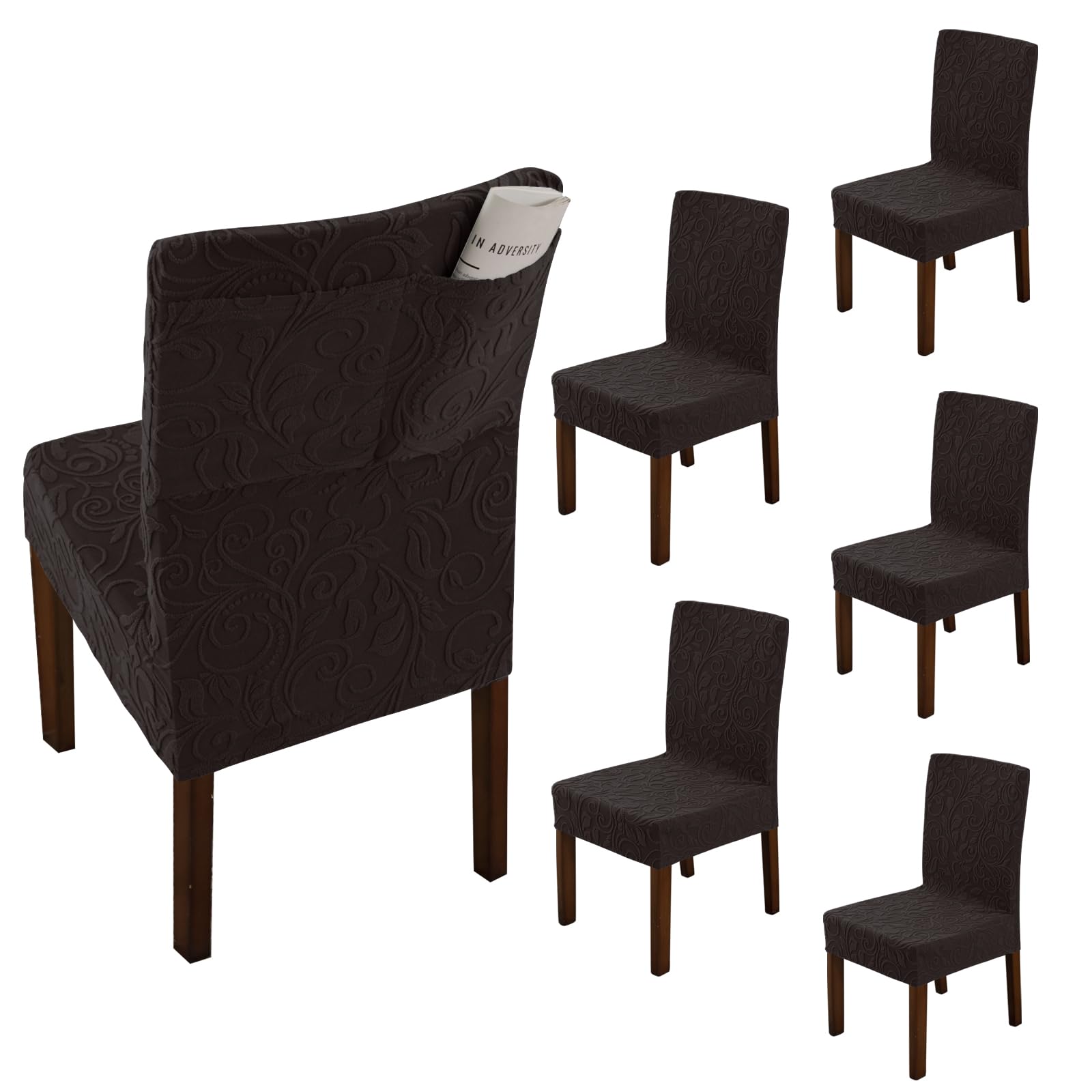 OKYUK Chair Covers, Dining Chair Covers Set of 4/6,Elastic Chair Protector Stretch Removable Washable Seat Covers for Dining Room Wedding Banquet Party Decoration（Embossed Chocolate，6） — image 1
