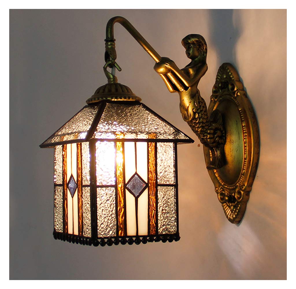 Aioneer Tiffany Style Wall Lights Vintage, European Pastoral Retro Stained Glass Handcrafted House Wall Lamps, Hallway Bedroom Cafe Bar Sconce E27,B-Glass
