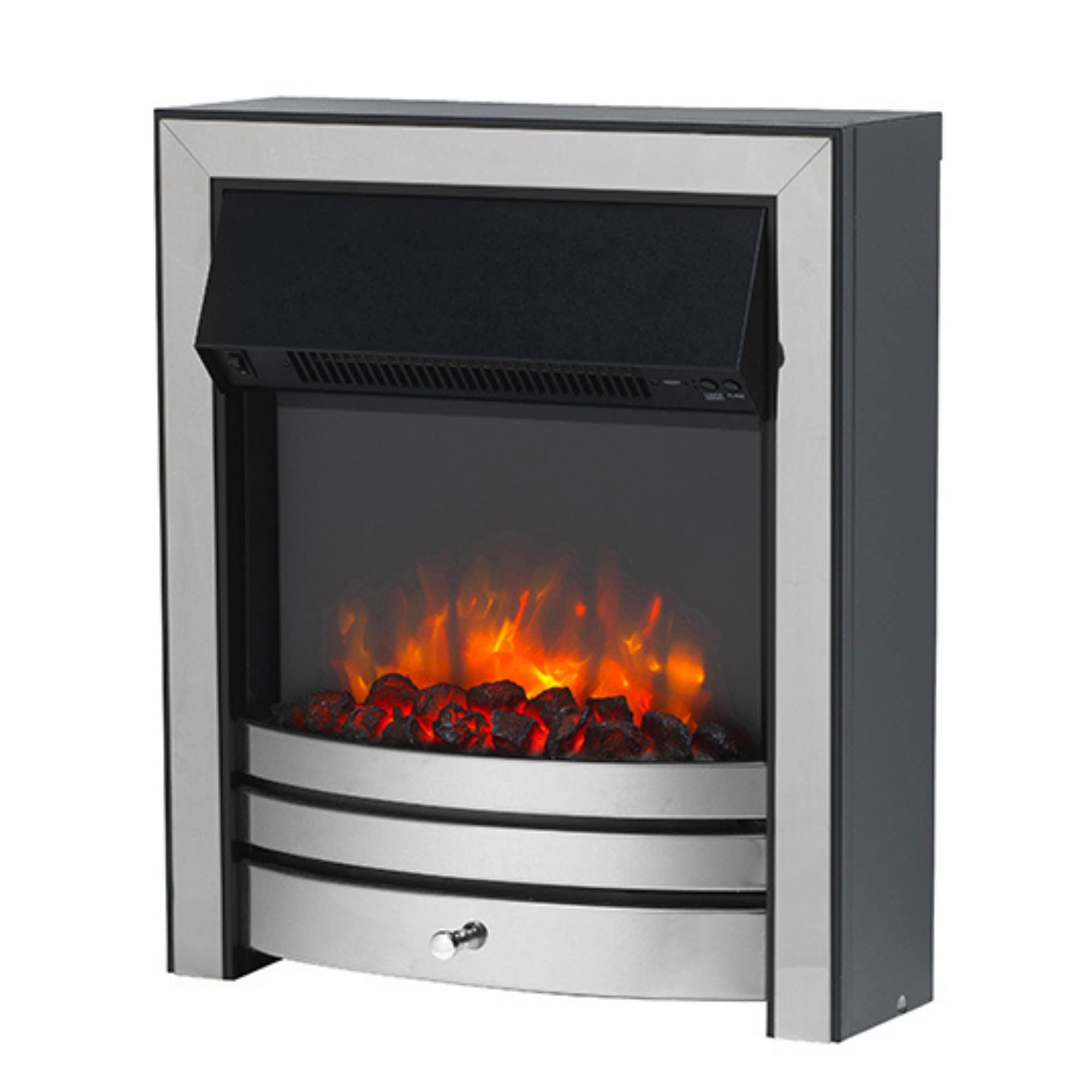 Endeavour Fires And Fireplaces Chrome Endeavour Fires Roxby Inset Electric Fire Trim And Fret, 220/240Vac 1&2Kw, 7 Day Programmable Remote Control Freestanding Electric Fire (With Full Depth Spacer)