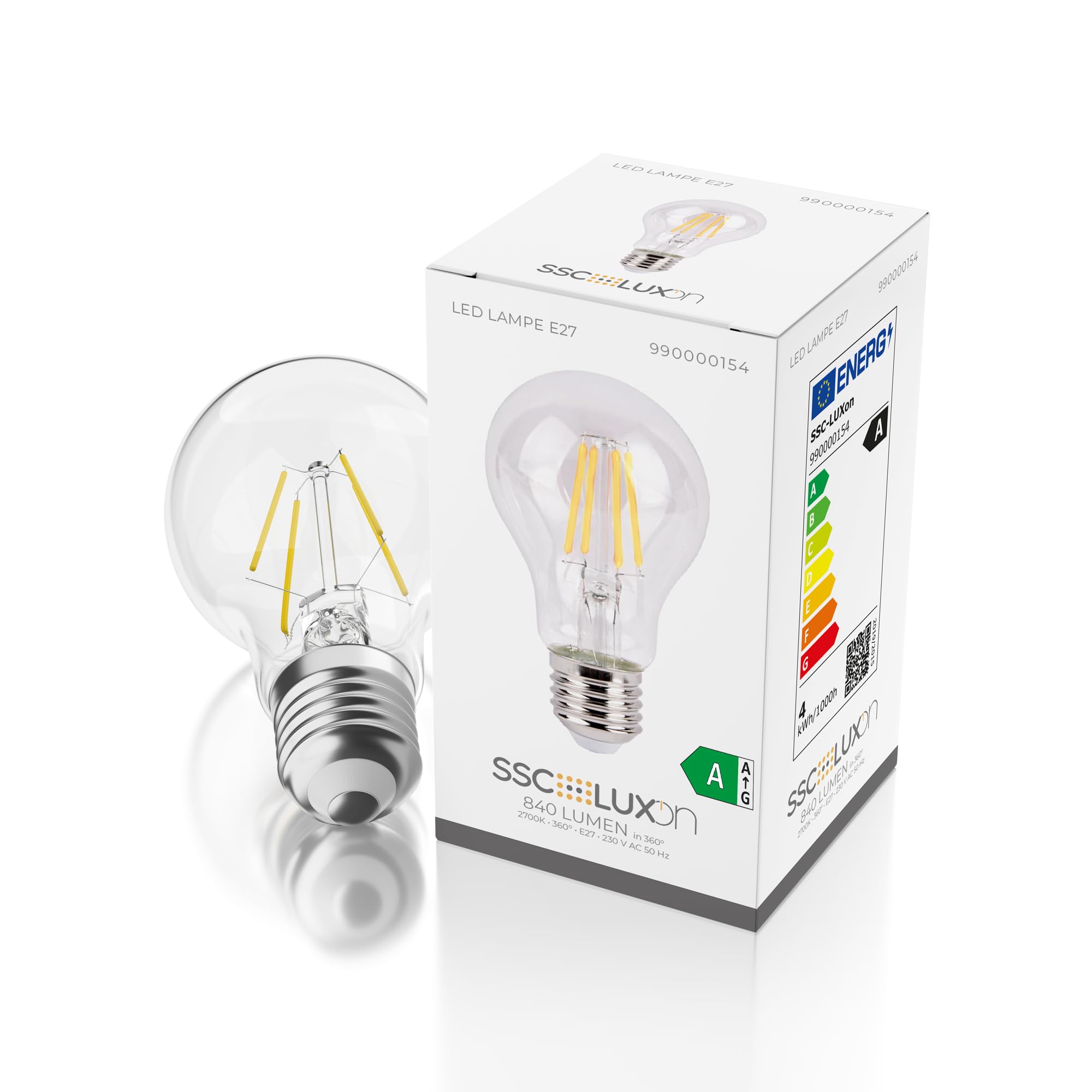 SSC-LUXon - Lote de 6 bombillas LED E27, filamento blanco cálido, 4 W, bombilla LED de bajo consumo, equivalente a 40 W, para lámpara y plafón