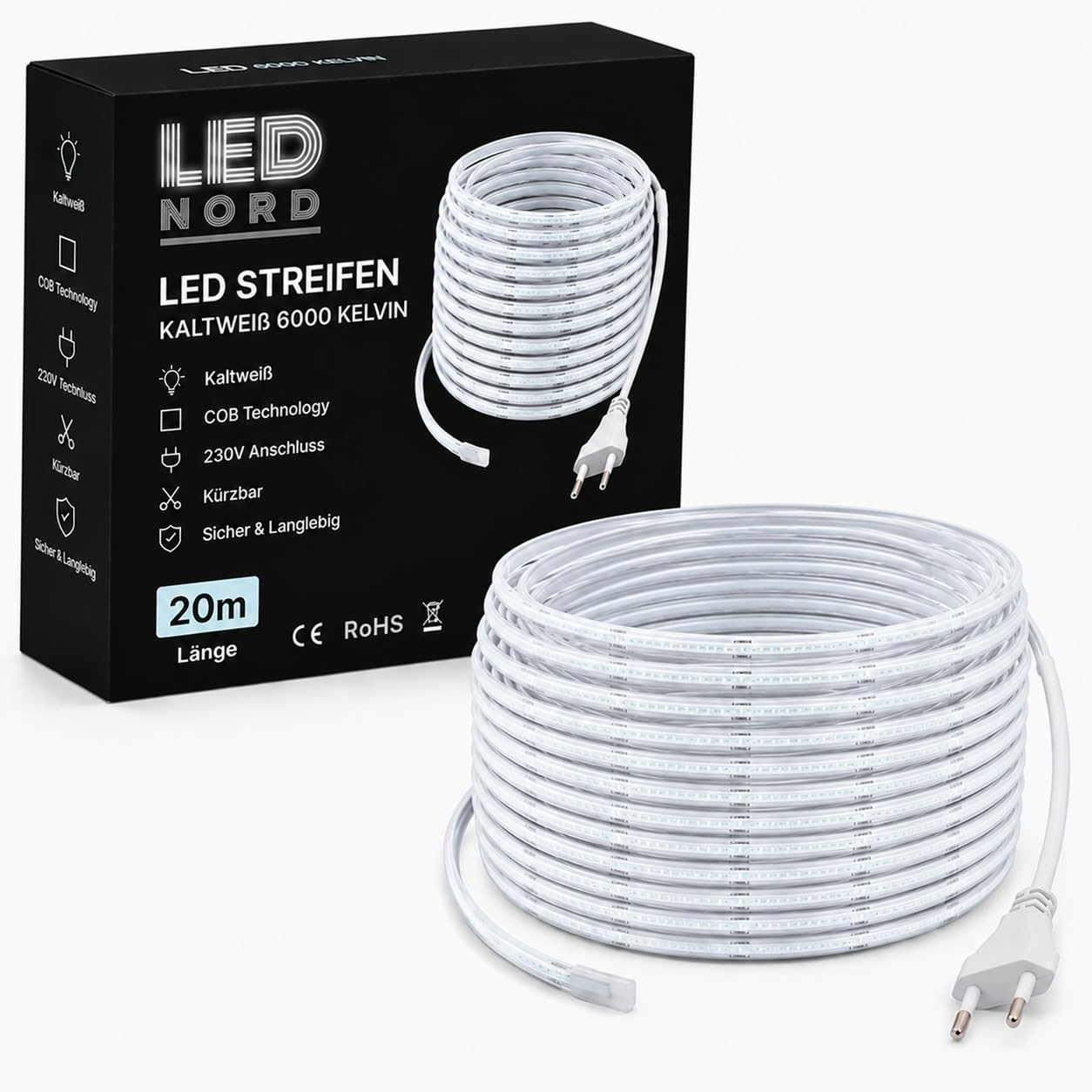 Taśma LED COB 230 V 5 m zimna biel 6000 K, ściemniana taśma świetlna LED IP67, 10 W/m, do 1100 lm/m, możliwość przycięcia co 12,5 cm, samoprzylepna, do wewnątrz i na zewnątrz (20 metrów)