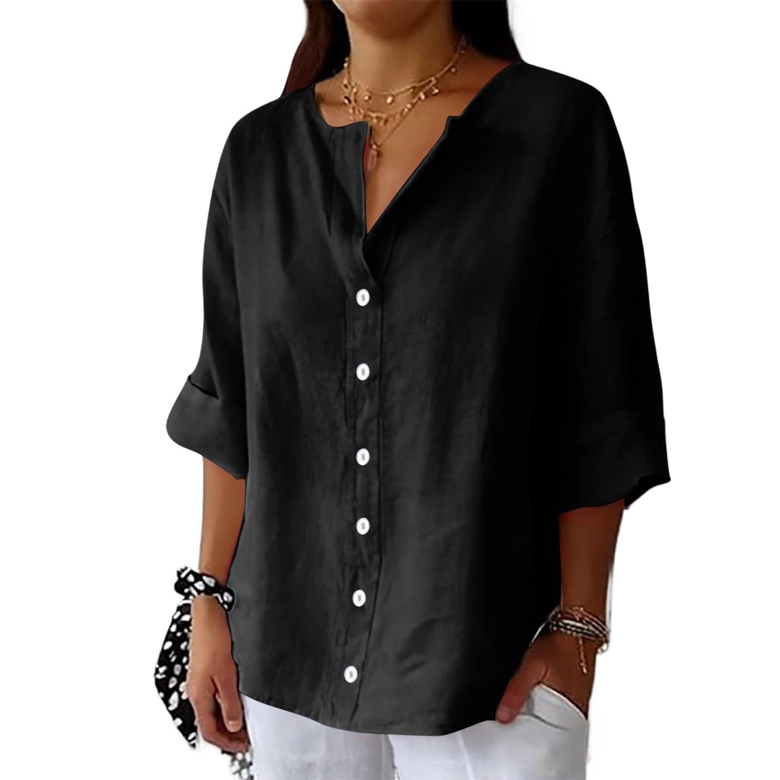 Women's Linen Shirt Button Down V Neck Trendy Solid Blouse 3/4 Sleeves Casual Loose Fit Tunic Tops Summer T Shirts