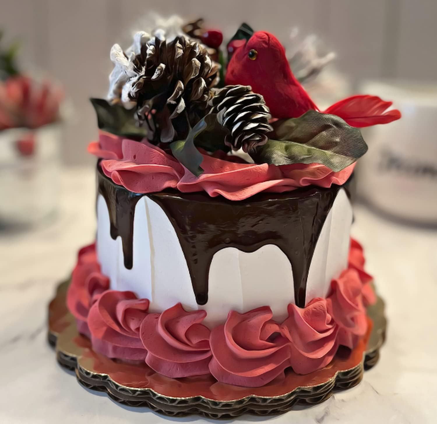 Fake Cake Christmas Red Cake w/Chocolate Drizzle Cake Handmade by Dezicakes- Fake Cake -Artificial Cake