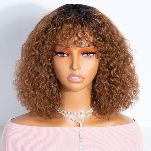 JOEDIR HAIR Peluca corta rizada con flequillo color marrón degradado peluca de cabello humano ondulado de 12 pulgadas para mujeres negras densidad