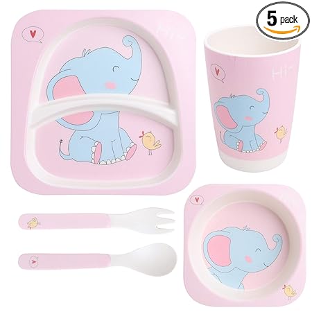 POLKA TOTS Eco Friendly Bamboo Fiber Dinner Set, 5 Pcs Tableware Crockery Set for Weaning Toddler & Self Feeding Baby Utensil Set for Baby Kids (Bird Elephant)