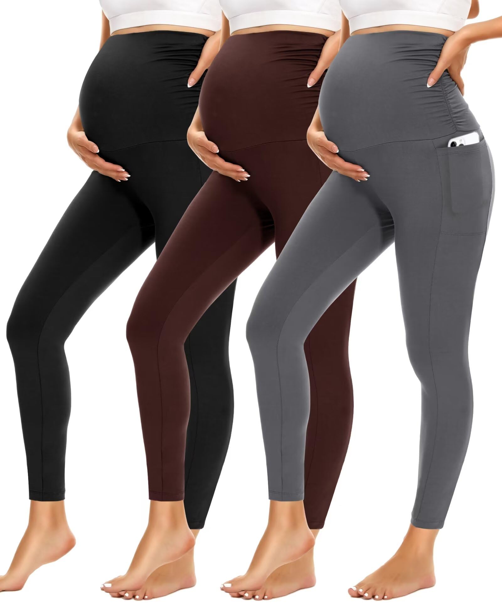 HIGHDAYS Womens Maternity Leggings with Pockets Over The Belly,3 Packs Pregnancy Soft Workout Activewear Yoga Tights Pants
