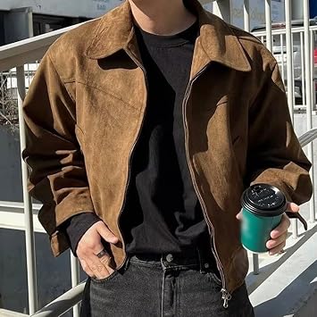 Men’s Suede Cropped Lapel Jacket for Spring and Autumn, Loose Fit Retro Maillard Style Coat in Brown or Black, Vintage Outerwear for Casual Daily(M Brown)