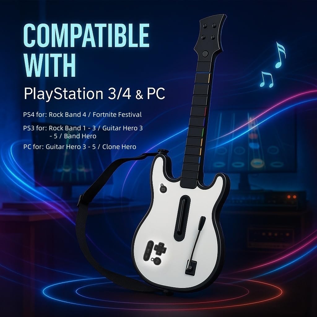lyvix wireless guitar controller for ps4/ps3/pc – compatible with guitar hero, rock band, clone hero & fortnite festival, with strap, rgb light & audio jack white checkered