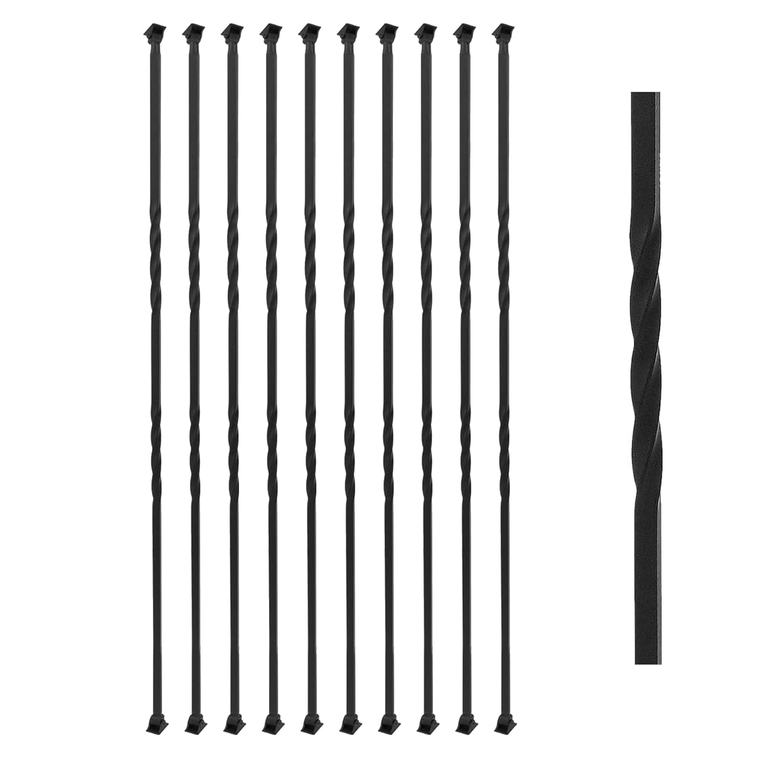 10-Pack Wrought Iron Balusters for Stairs – 44" Double Twist Hollow Stair Spindles with 20-Swivel Shoes, 1/2" Square Metal Stair Railing Balusters
