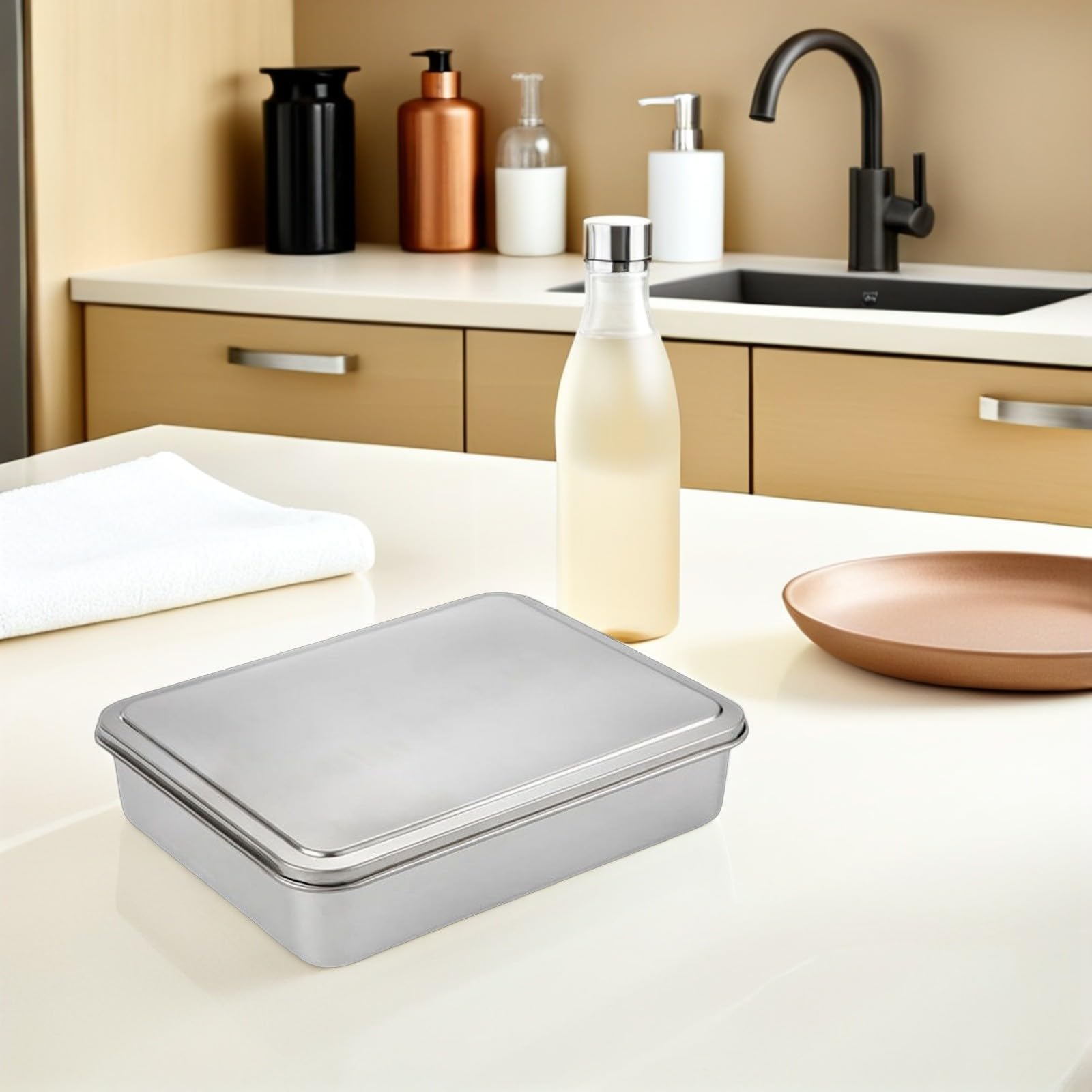 NOLITOY Teglia per Tiramisù in Acciaio Inox 335X285X6 CM con Coperchio Scatola per Dolci Rettangolare Tortiera Antiaderente per Forno e Conservazione Alimenti Uso Domestico e