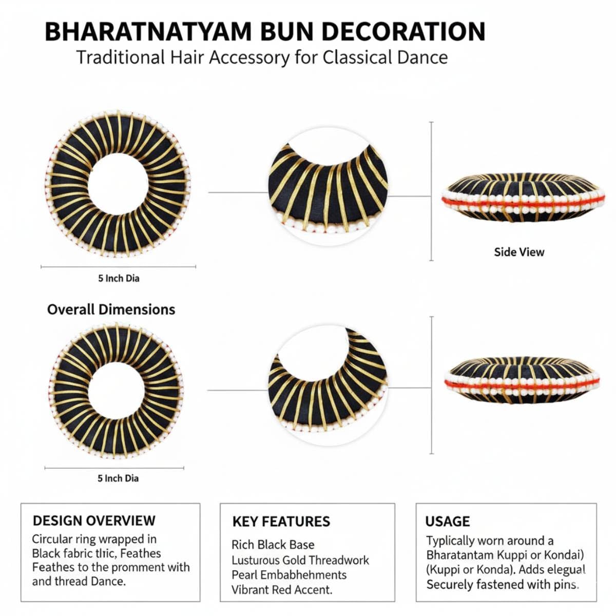 Bharatanatyam Dance Hair Bun with Pearl & Gold Thread Design – Decorative Classical Juda for Women & Girls – Handmade Traditional Bun Accessory for Kuchipudi, Odissi & Temple Dance (Black Pearl)