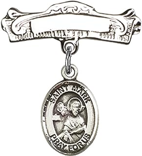 Sterling Silver Baby Badge with St. Mark the Evangelist Charm and Arched Polished Badge Pin 7/8 X 7/8 inches