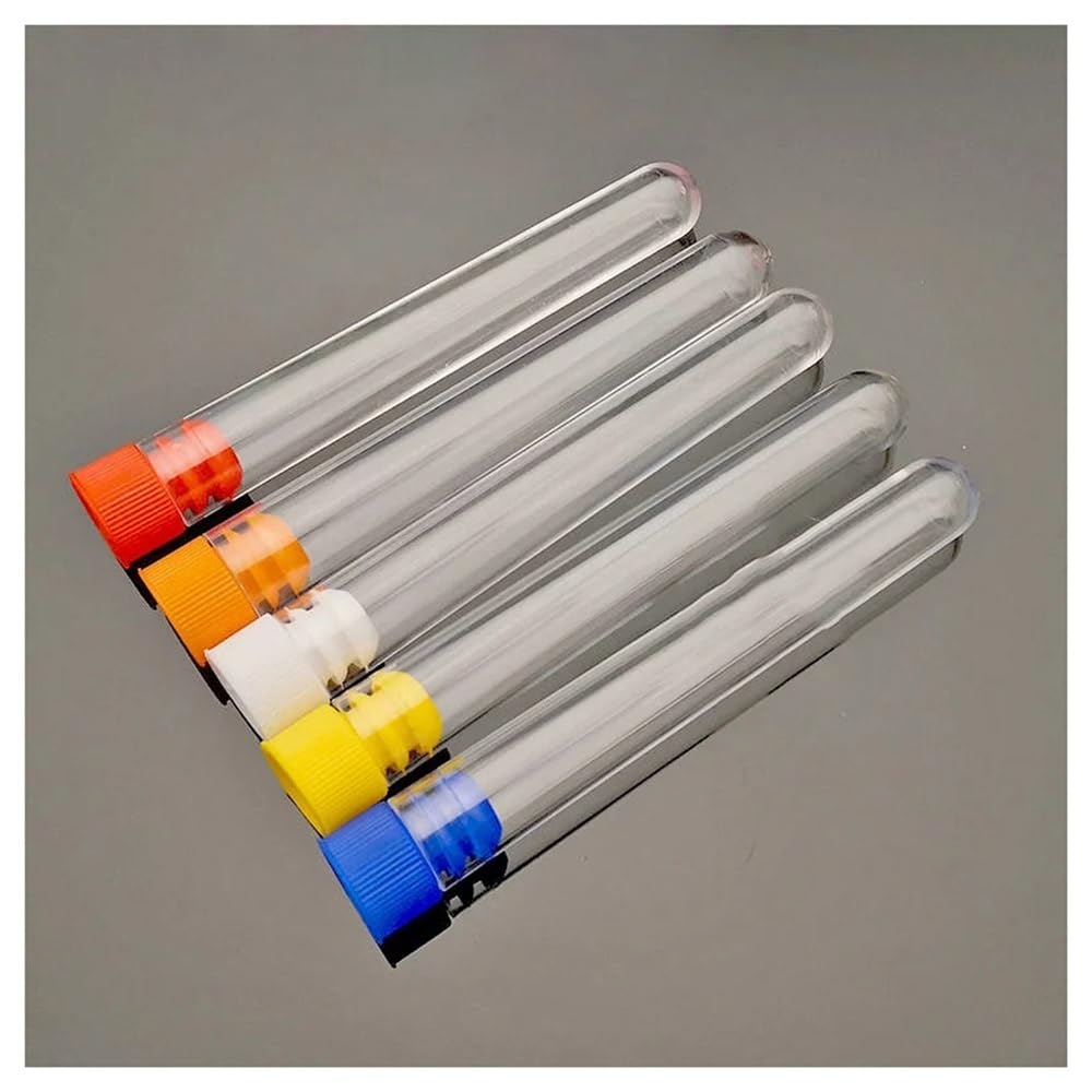 Cristalería de Laboratorio Lote de 100 tubos de ensayo de plástico transparente con tapa a presión de color, de fondo redondo, for centrífuga y experimentos.(15x150mm)