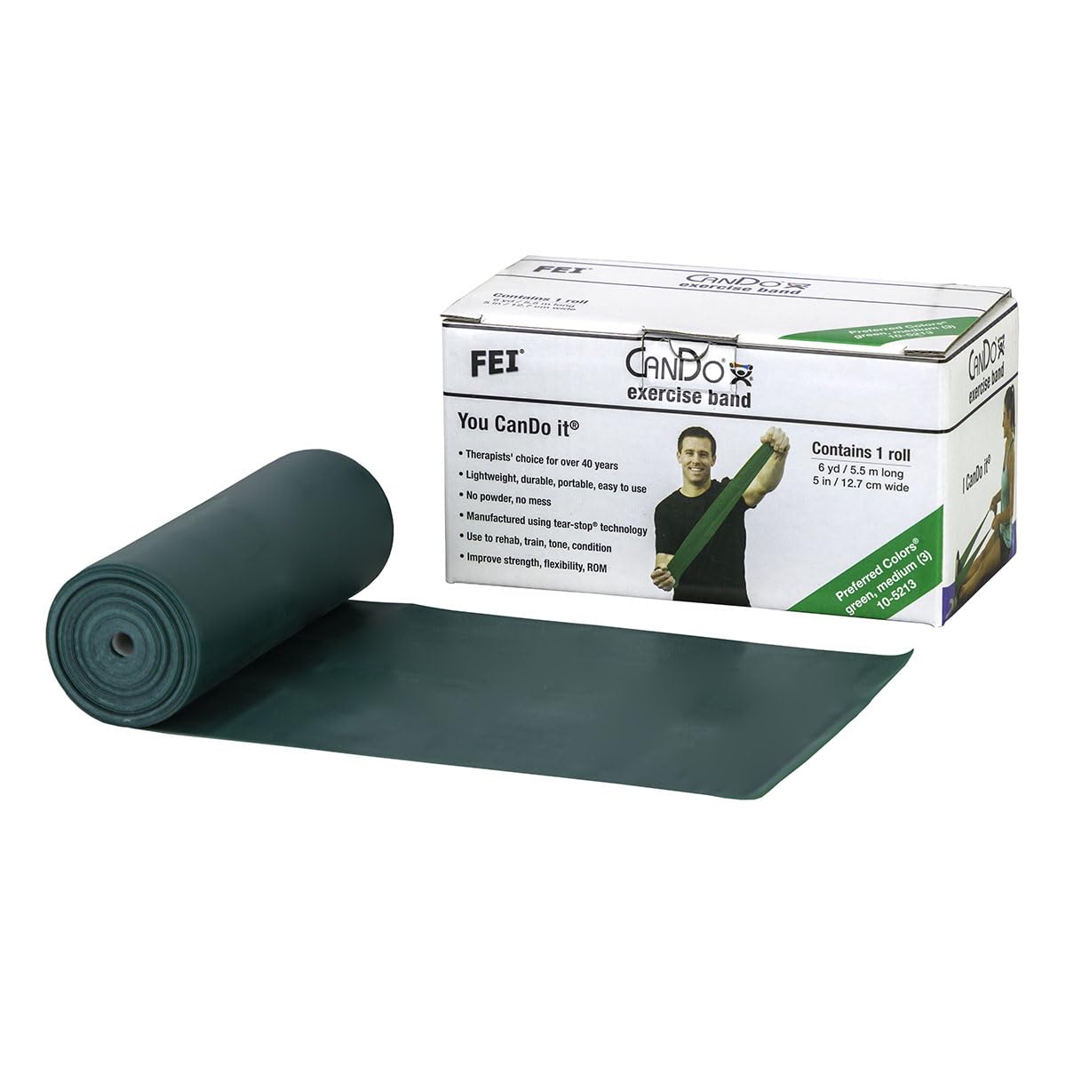 CanDo Resistance band / training band / gymnastics band - dispenser box, 5.5 m - green (medium) - alternative to dumbbells