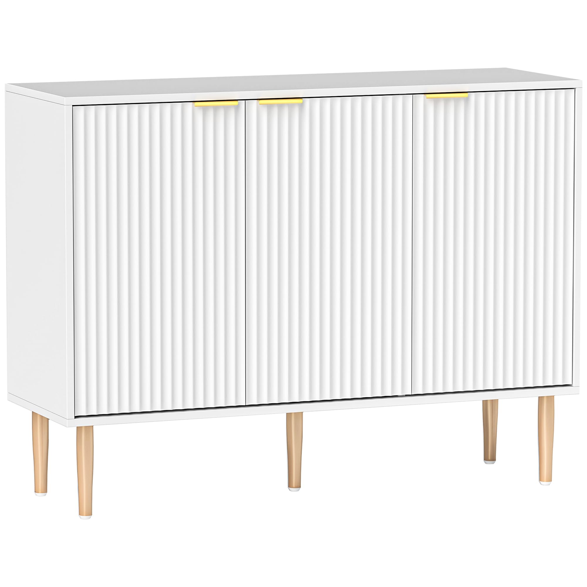 HOMCOM Aparador de 3 Puertas Acanaladas Aparador de Salón con Estante Ajustable Mueble para TV para Dormitorio Sala de Estar 107x35x80 cm Blanco