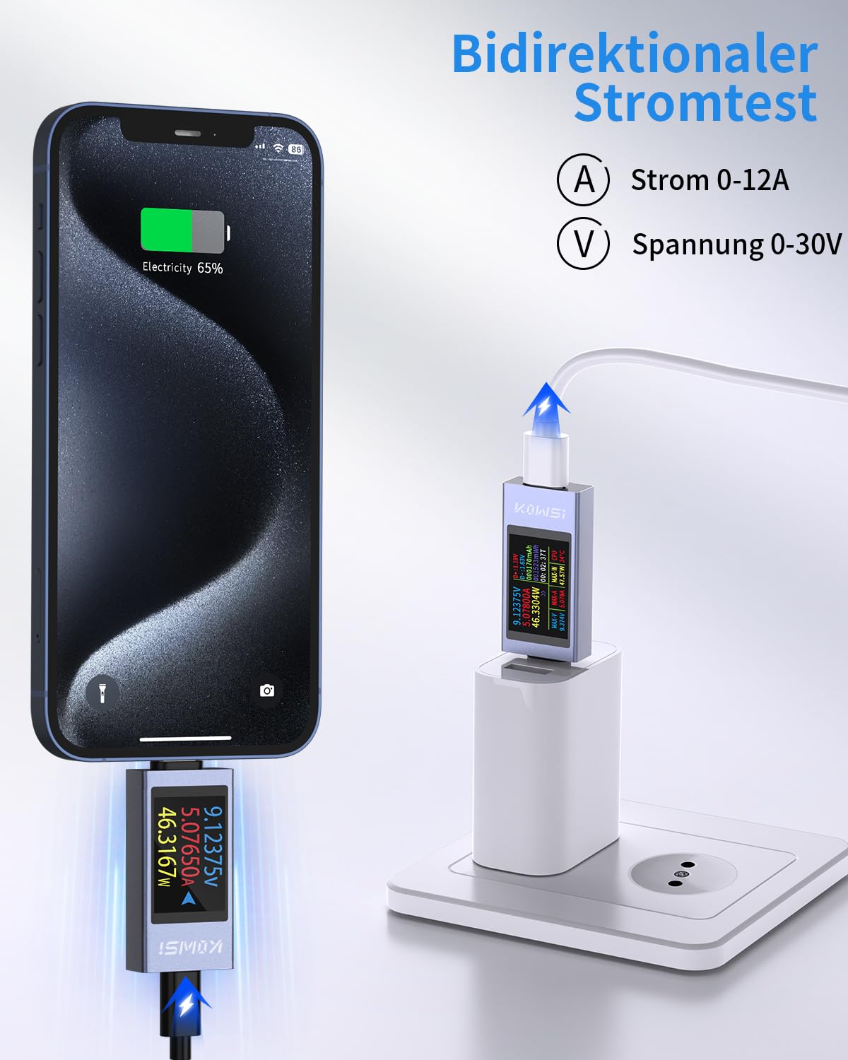 YEREADW KWS-2303C USB C Tester connected to a wall charger and a smartphone, demonstrating bi-directional current testing.