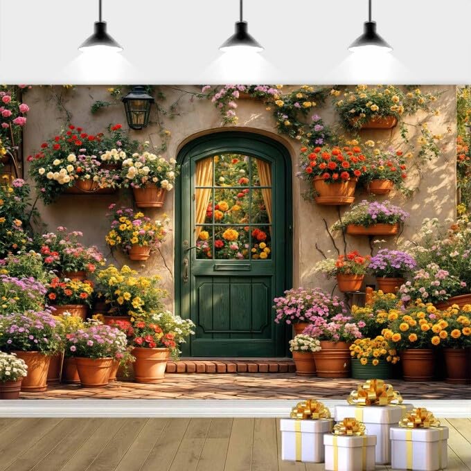 7X5ft Floral Photography Backdrop, Spring Garden Photography Backdrop Floral Wooden Door Scene Background, Flowers Garden Background Birthday Party