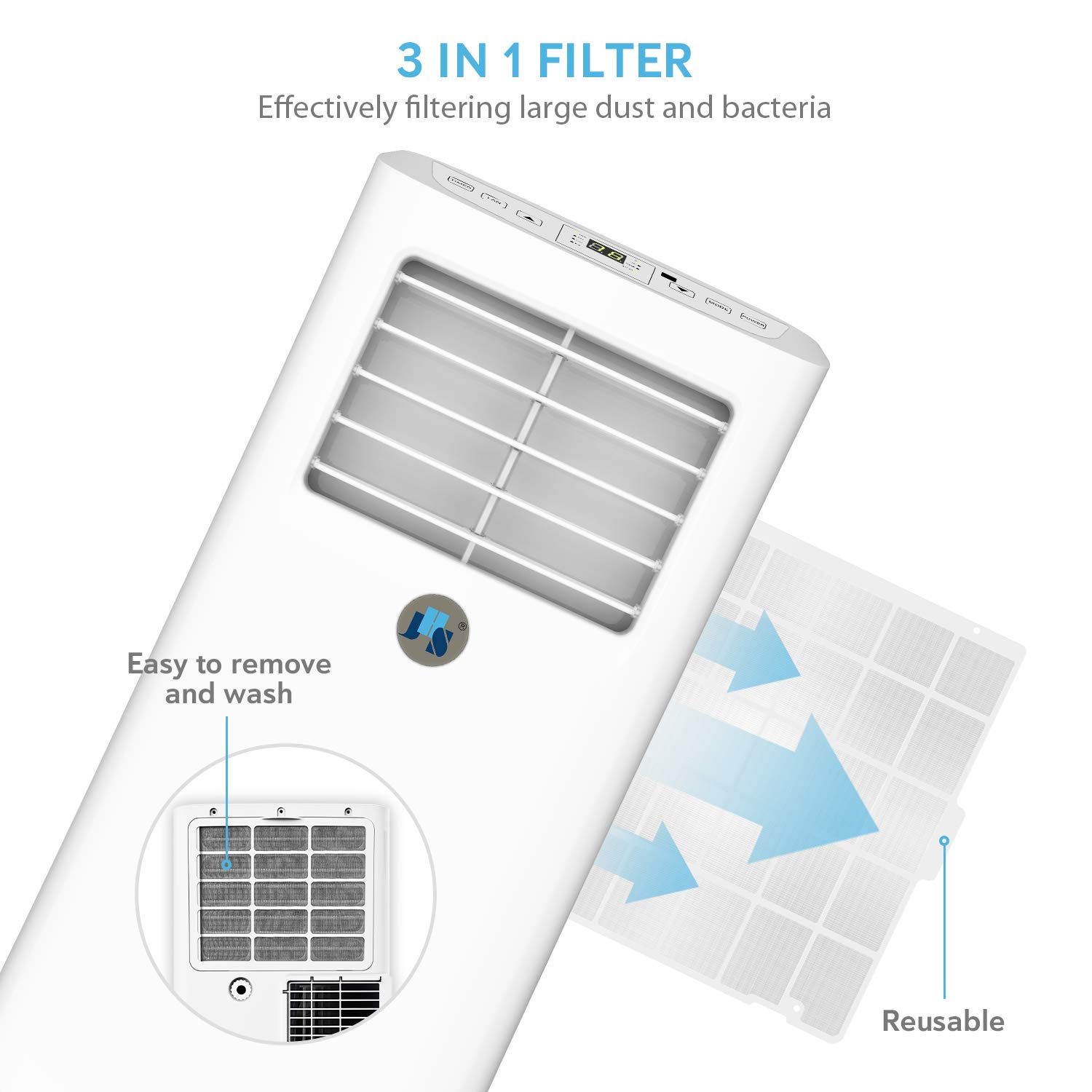 Diagram showing how to remove and clean the reusable 3-in-1 filter from the JHS Portable Air Conditioner.