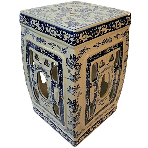 18" H Oriental Porcelain Garden Stool with Blue and White Chrysanthemums