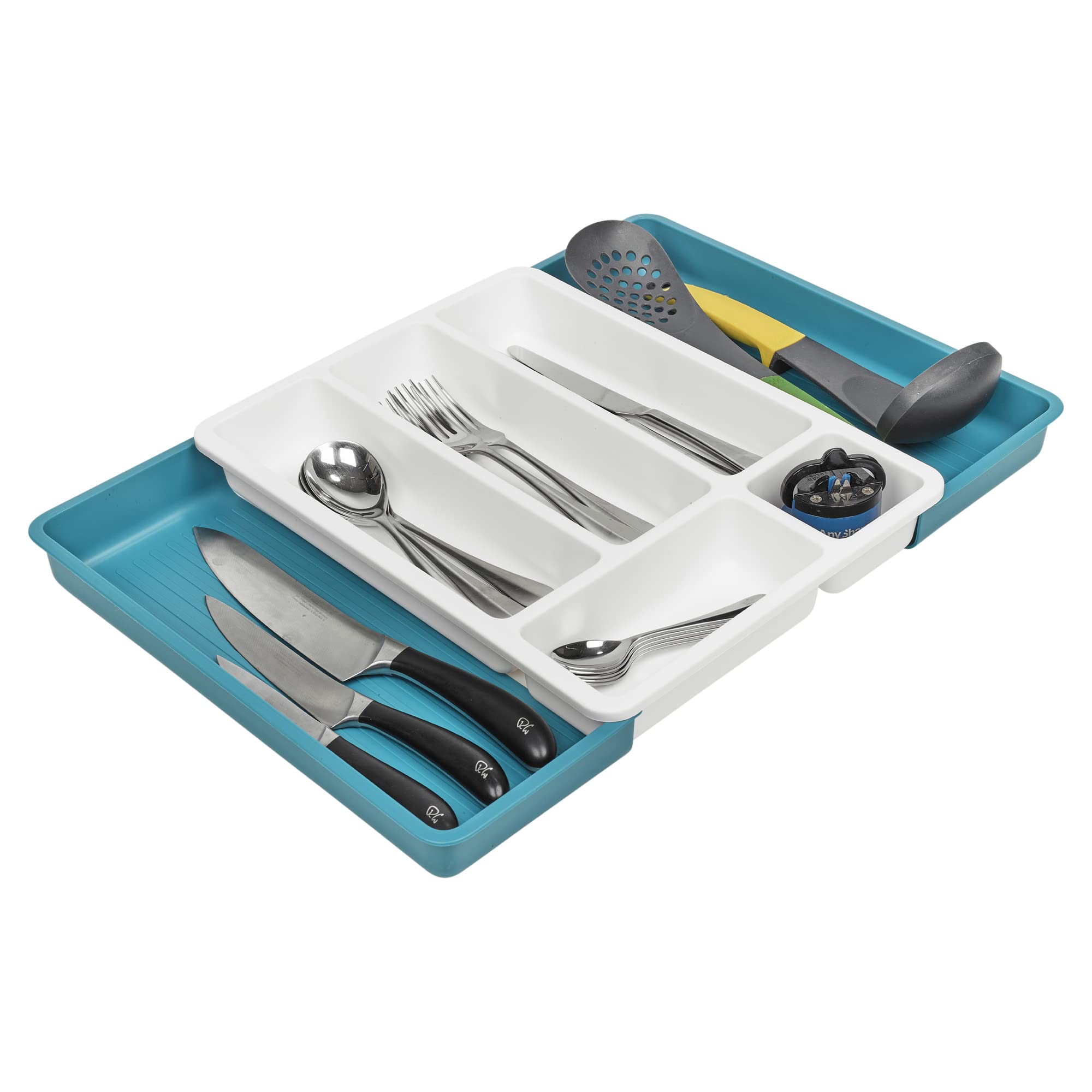 Urbnliving Teal Plastic Expandable Drawer Kitchen Extendable Organiser Cutlery Space Saving Compact Utensil Tray With 7 Holder Compartments (Teal)