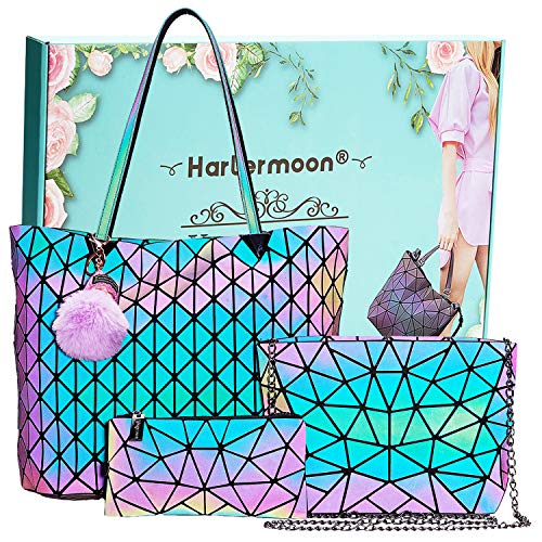 Holographic Geometric Tote Handbag Purse for Women girl Luminous Backpack Purse and tote bag set Crossybody Lady Purse (HLM-3PCSset)