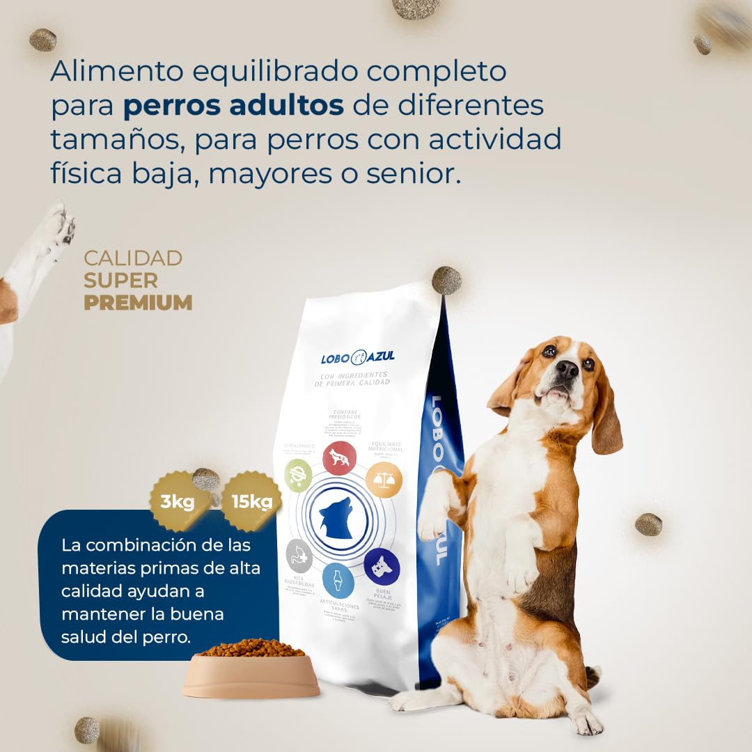 Pollo - Pienso Natural para Perros - Comida Baja en Calorías y Alta en Proteínas - Alimento Completo y Equilibrado para Perros Adultos - 15kg - Lobo Azul Super Premium