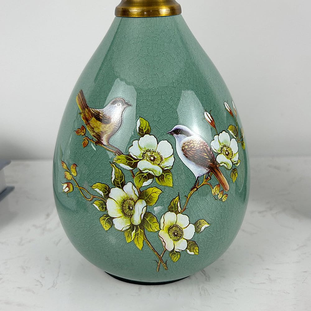 XINYASEE Lampe de chevet - Lampe de table en céramique, design en forme de goutte d'eau, décorée de motifs floraux et d'oiseaux, douille E27, trois couleurs de lumière, dimensions : 20 * 33 cm (Vert)