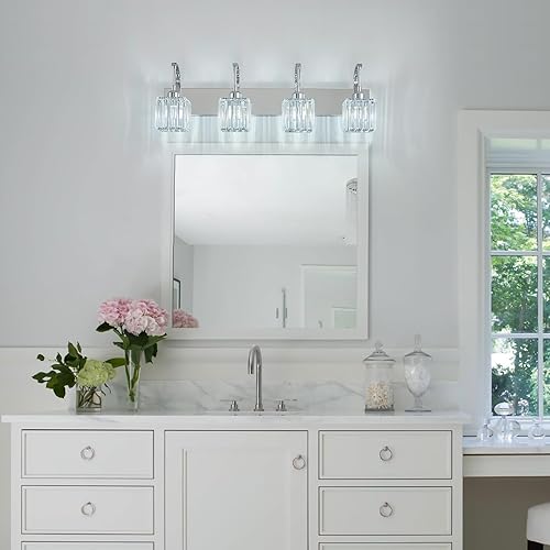 Miniatura 3 de Luces de tocador de cristal cromadas de 4 luces, modernas lámparas de baño de cristal sobre espejo de 32.67 pulgadas de largo para baño