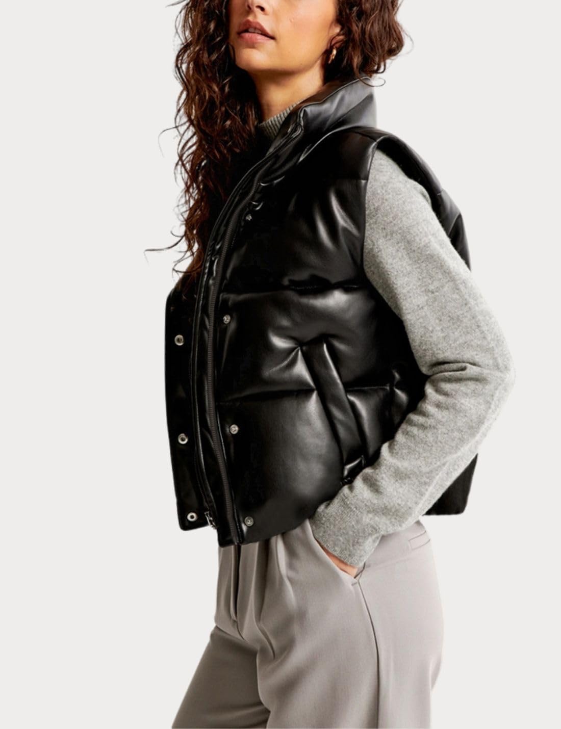 Ailoqing Womens Faux Leather Puffer Vest Zip Up Sleeveless Winter Cropped Jacket