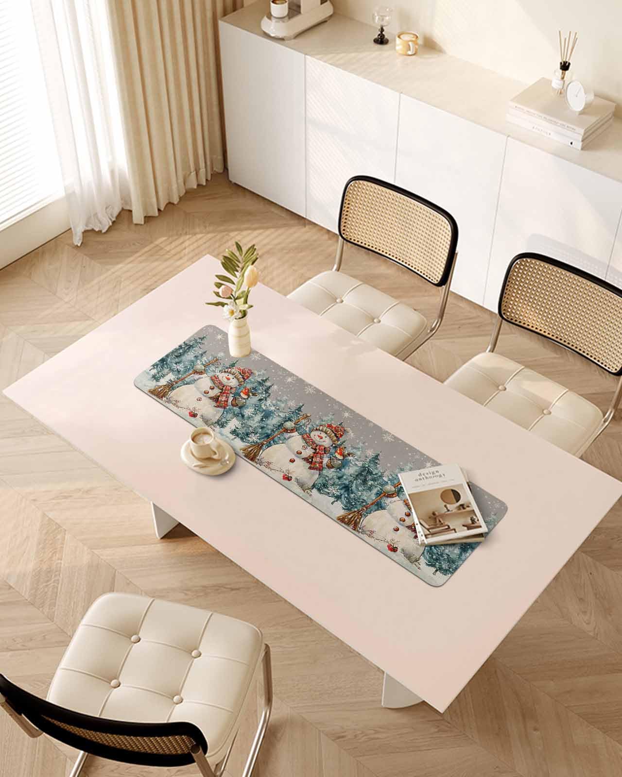 Debedcor Heat Proof Table Pads Waterproof Decorative, Grey Christmas Snowman Non-Slip Table Countertop Protector, Winter Xmas Pine Snowflakes Insulation Mat for Kitchen Room, 40 x 12 Inches