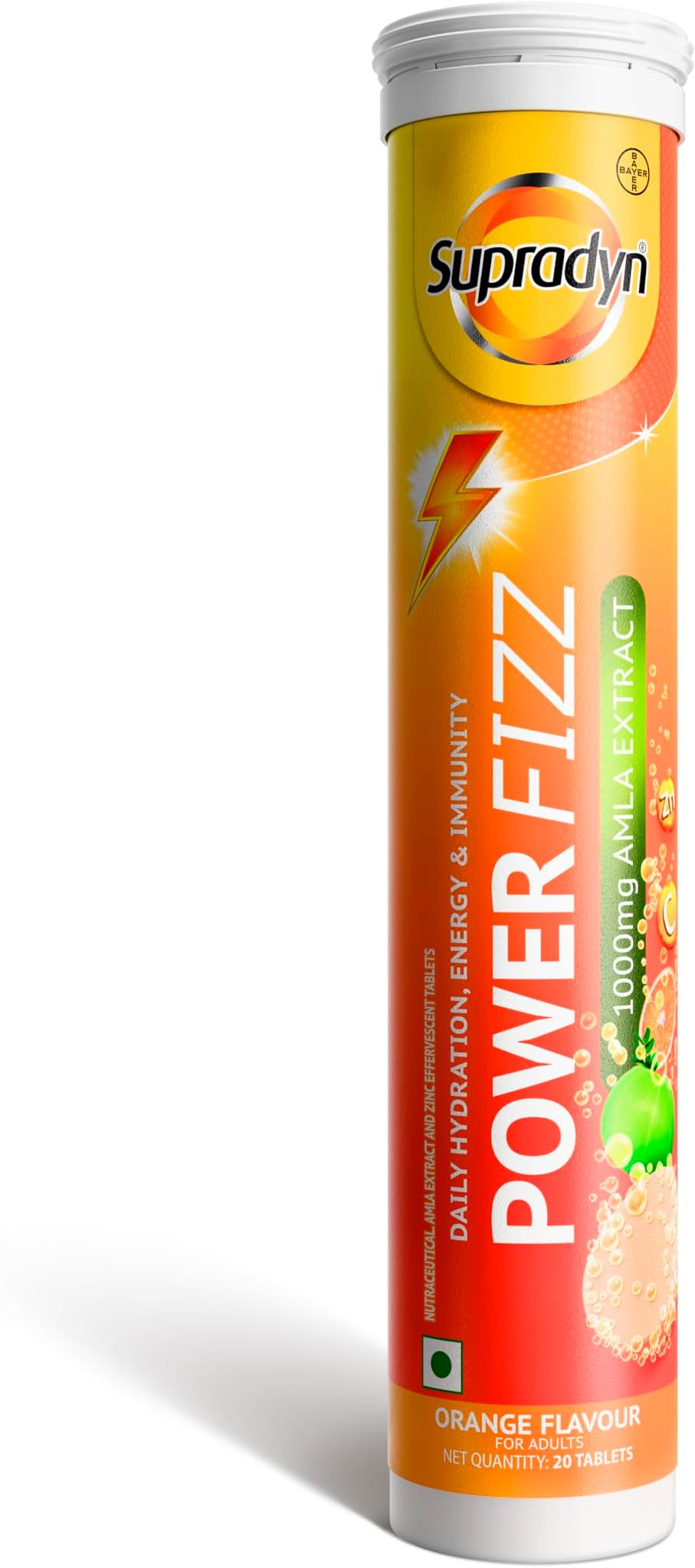 PowerFizz Energy Booster 1000 mg Amla, Zinc | 10x More Electrolytes Than Bottled Water | Orange Flavored Hydration | 20 Effervescent Tablets