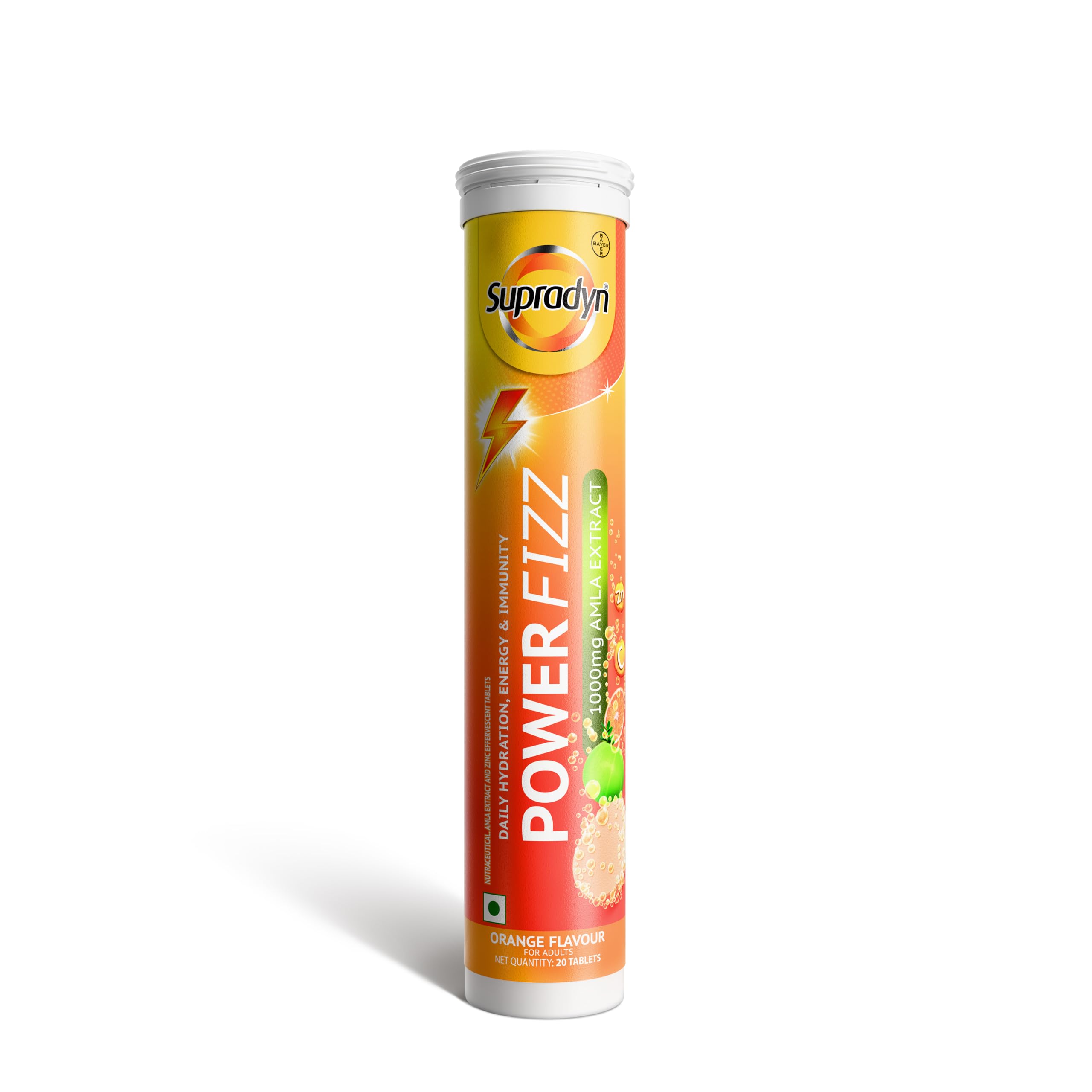 Supradyn PowerFizz Energy Booster 1000 mg Amla, Zinc | 10x More Electrolytes Than Bottled Water | Orange Flavored Hydration | 20 Effervescent Tablets