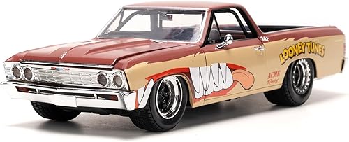 Miniatura 2 de 1967 Chevy El Camino Brown y Beige con gráficos y demonio de Tasmania Figura fundida a presión Hollywood Rides Series 124 Modelo de coche fundido a