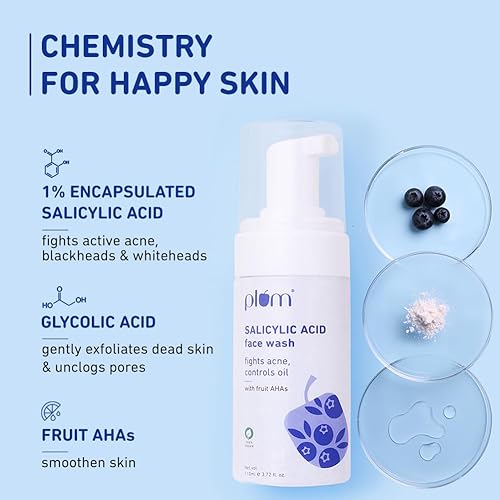 Miniatura 2 de Plum Jabón facial espumoso de ácido salicílico encapsulado al 1% con ácido glicólico, frutas AHA y extractos de arándanos  Combate el acné, puntos