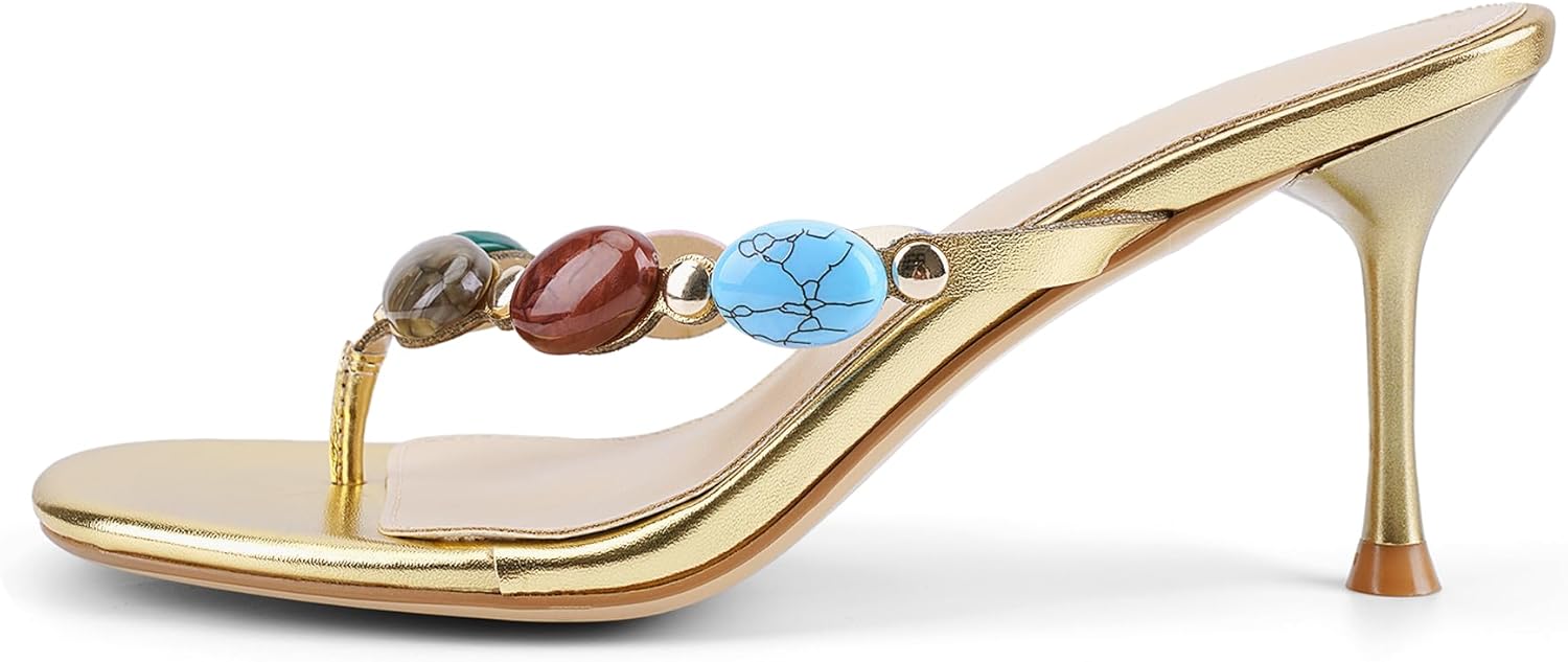 Flip Flop Heels for Women Thong Heels Round Open Toe Jeweled Sandals Summer Heeled Mules Fashion Wedding Party Dress Slip On High Heel Sandals - Image 4