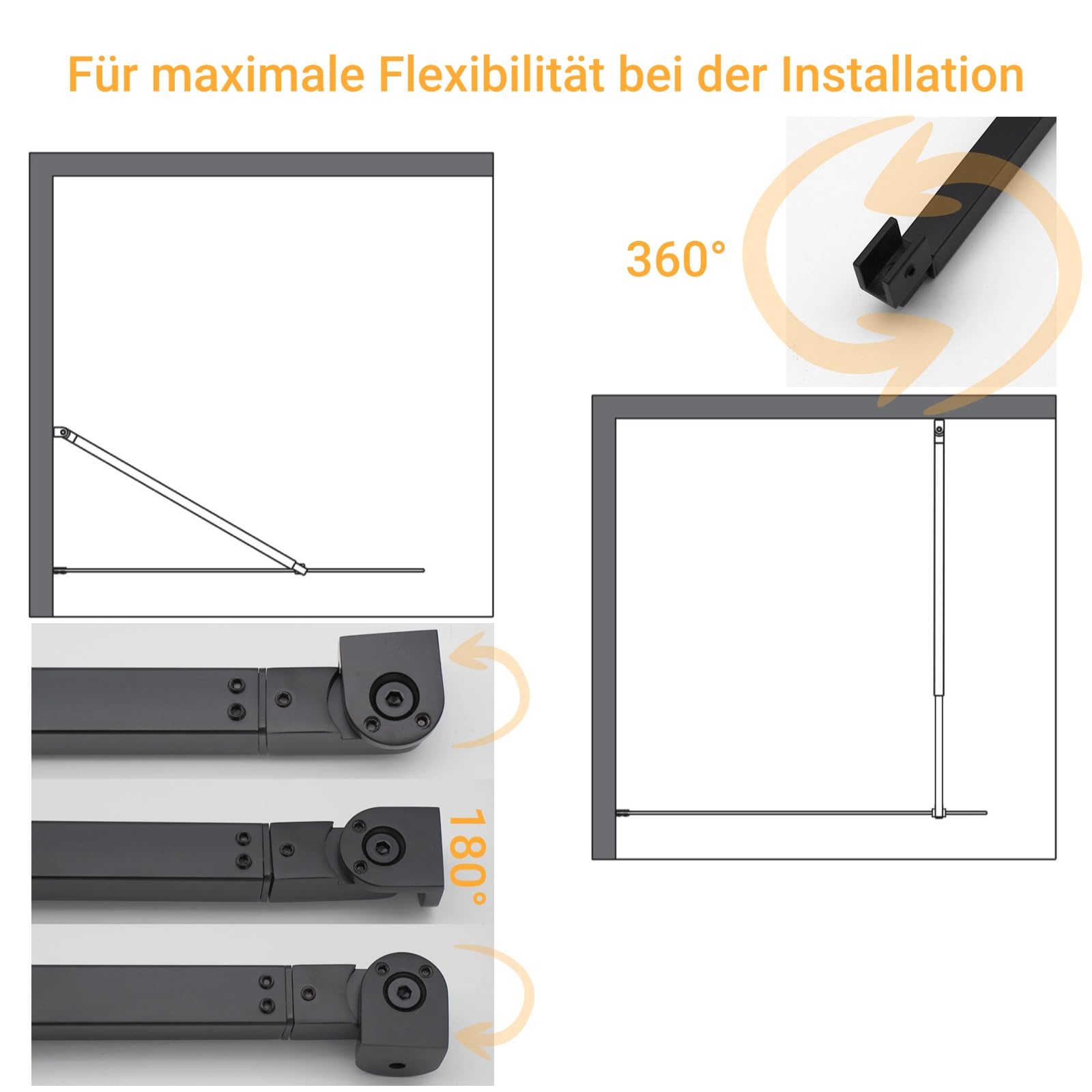 WITEN&NOCK Asta di stabilizzazione con giunto girevole a 180°, asta di stabilizzazione, girevole estensibile 625 – 950 mm, in acciaio inox nero opaco, per vetri di spessore 6 / 8 / 10 mm