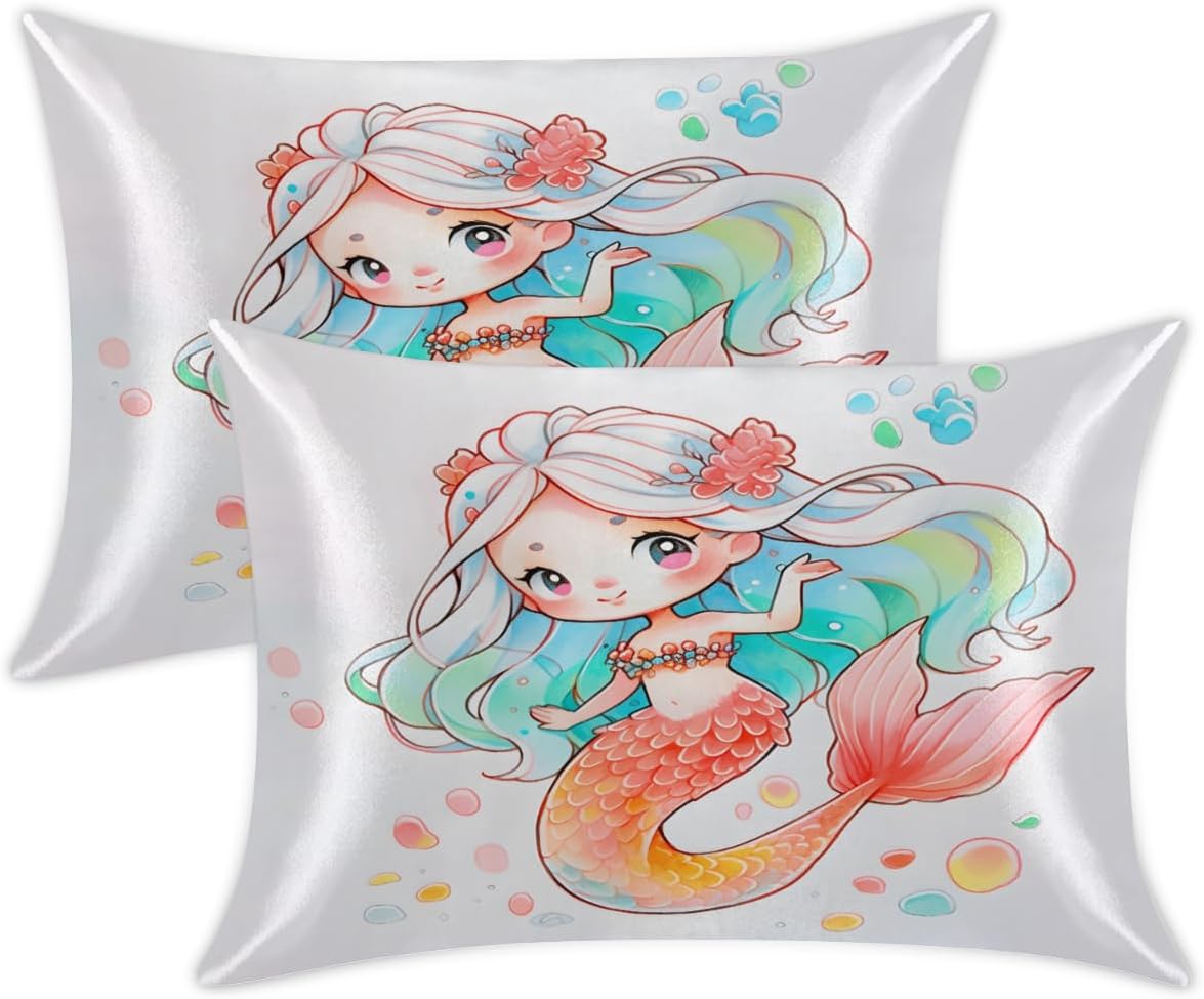 Watercolor Mermaid Satin Pillowcase Set of 2, Ocean Girl Silk Pillowcase for Hair and Skin 20x40” Luxury Smooth King Size Satin Pillow Cases with Zipper Gifts for Women Men