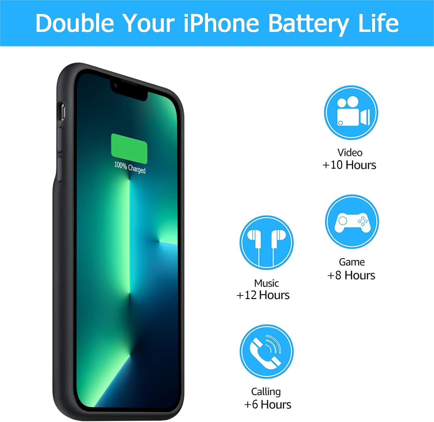 Battery Case for iPhone 13 Pro Max, [12000mAh] Enhanced Portable Protective Qi Wireless Charger Case Battery Pack with CarPlay Wireless Charging Case Compatible for iPhone 13 Pro Max (6.7 inch)-Black