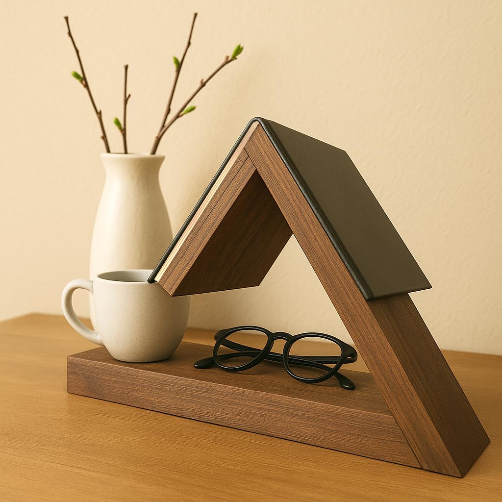 Weekend Hunters Wooden Book Stand with Base Shelf, Triangular Design, Natural Wood Finish (Brown)