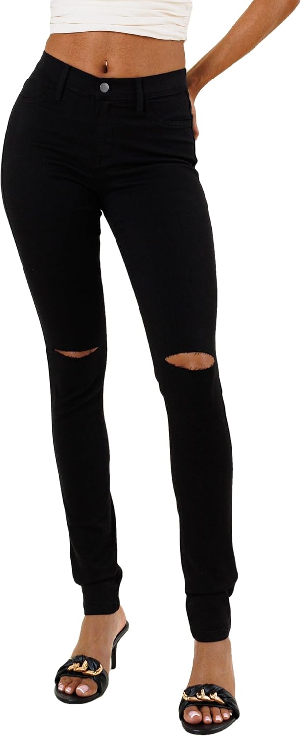 Vibrant Women’s Ripped Skinny Jeans – High Waisted Cutout Knee Ribbed Stretch Casual Denim Pants